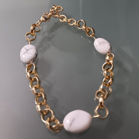 KOHL'S Mod/Contemporary Gold White/Gray Marble Stone Rolo Chain Bracelet**NEW! - Picture 1 of 3